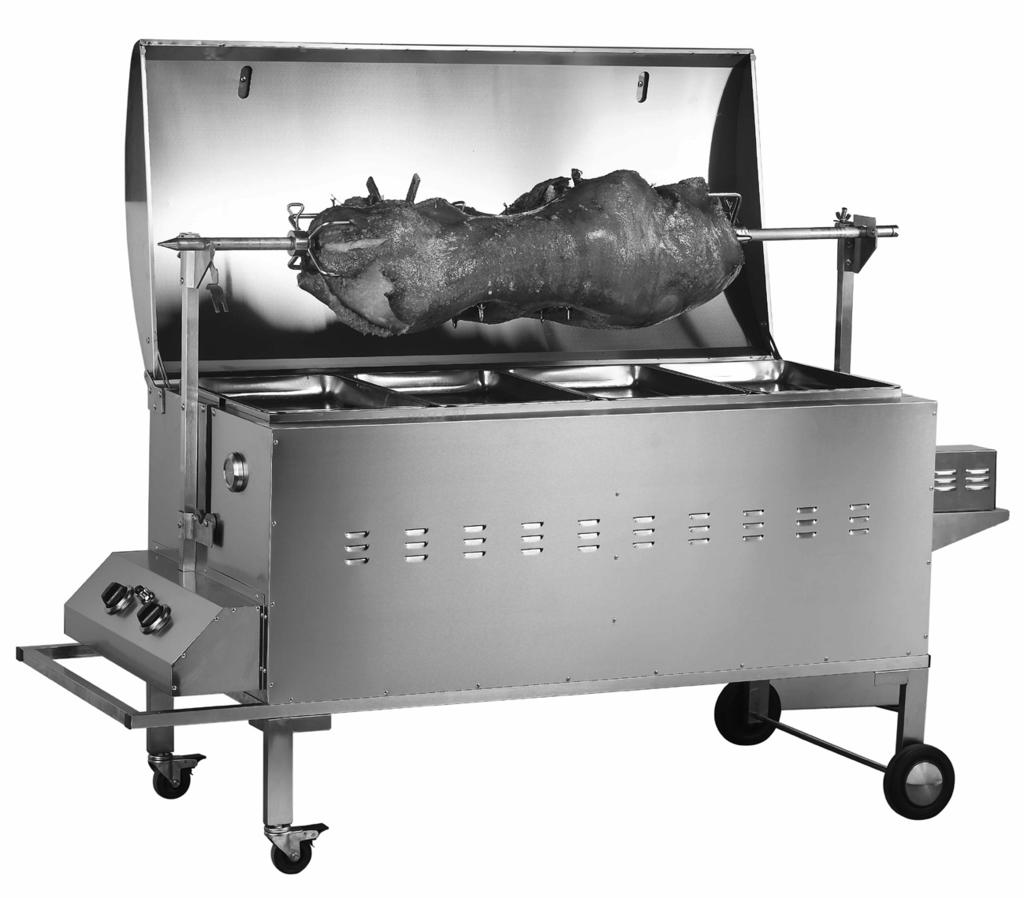 Deluxe Spit Roaster GSB300 FEATURES Stainless steel body Robust design with wheels for easy moving Includes 240V rotisserie motor rated at 70kg, one piece stainless steel shaft, two prongs, neck