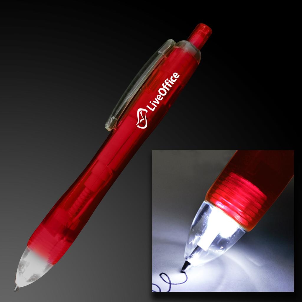 5 Day Customized Red Pen w/ White LED Light Tip Customized Red Pens with White LED Light Tip are a handy marketing tool to give away at any business conference, school or corporate event.