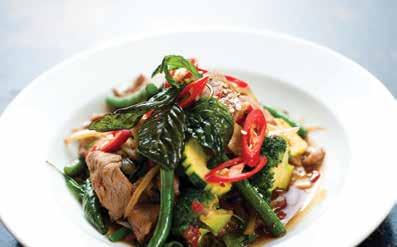 stir fry with seasonal vegetables: Beans, basil, bamboo, onions, garlic and