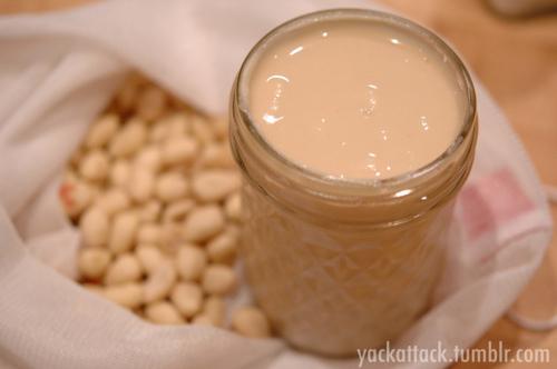Raw Peanut Butter Put 1 cup raw peanuts at a time into blender. Blend until very finely chopped.