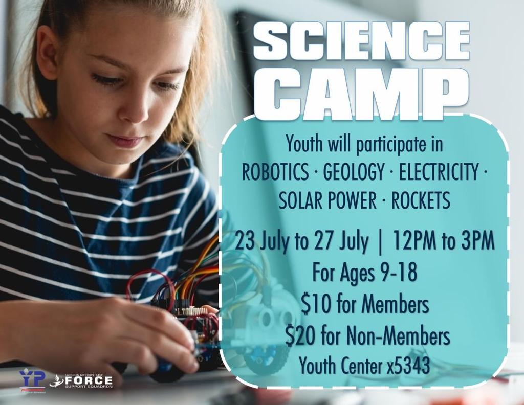 Youth ages 9-18 will learn about robotics, geology, electricity, solar energy, and rockets. Members: $10, non-members: $20.