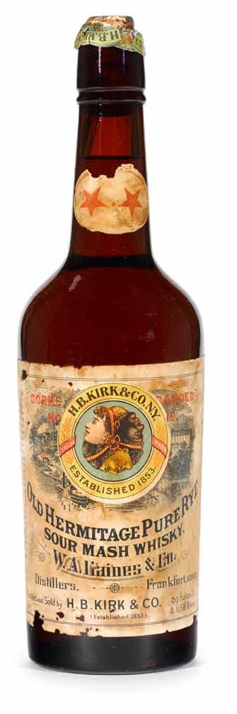 748 Old Hermitage Rye Whiskey Reserve (1) W.A. Gaines & Co. Distillers Bottled by W. Bixby & Co., Boston, Mass. Circa 1900 s. Driven cork. Small scuffs to label. Level: Mid Shoulder. One quart.