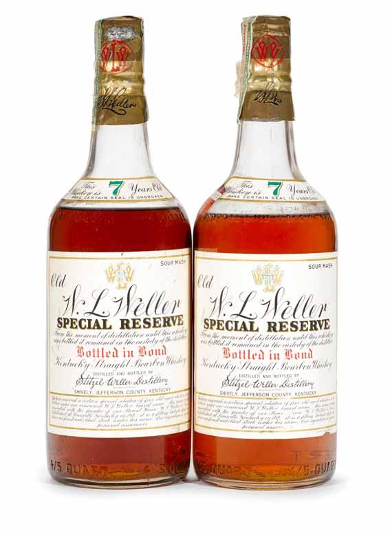 787 Old Overholt 7 years old (1) distilled 1948, bottled 1956. Level: top shoulder 4/5 quart 100 proof 788 Pebble-Ford (2) T. W. Samuels distilled 1935, bottled 1940.
