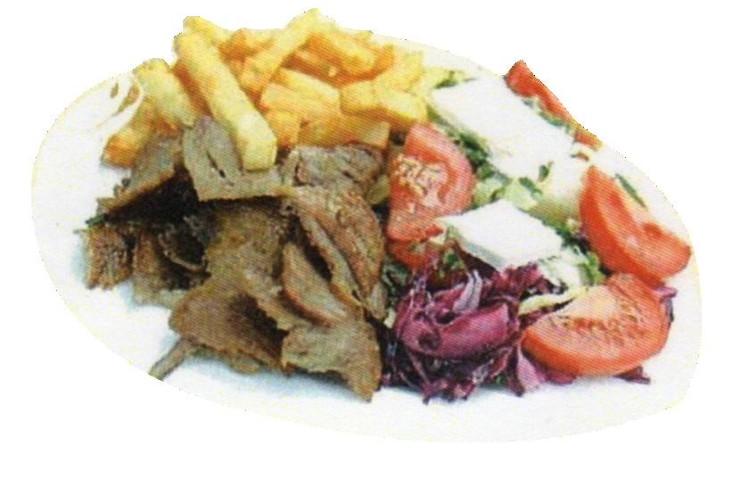 .. Sliced Gyros with all the trimmings on pita with choice of french fries or bowl of soup.