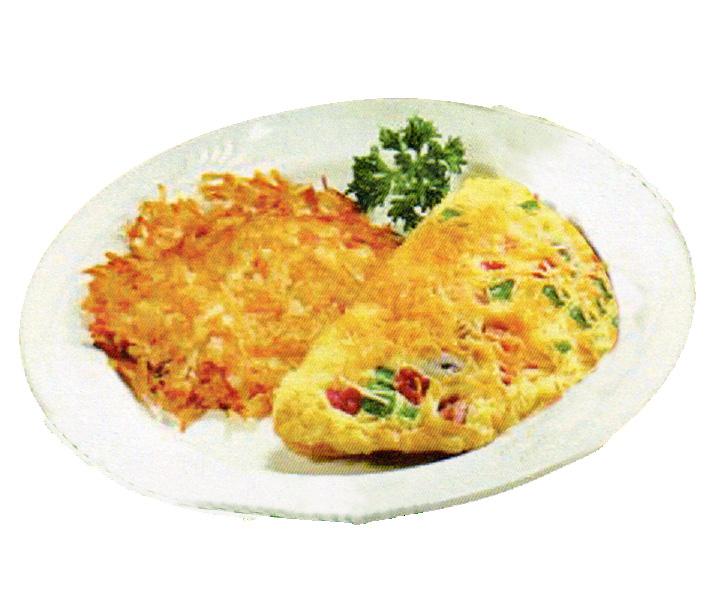 The Omelette Line All Omelettes are ade with Four Fresh Eggs and Selected Ingredients. Served with Hash Browns or Fresh Fruit Cup.