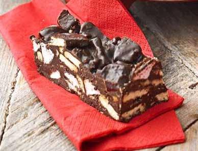 Chocolate Crunch Bars 100g/4oz butter 300g/10oz dark chocolate 3 tablespoons golden syrup 140g/5oz rich tea biscuits 12 marshmallows, quartered with scissors 2x55g bars Turkish Delight, halved and
