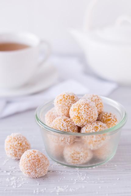 Apricot & Almond Balls MAKES 16 BALLS CALORIES PER BALL: 107 1 1/2 cups almond meal 1/2 cup dried apricots 2 1/2 tbsp orange juice 1 cup desiccated coconut 1.