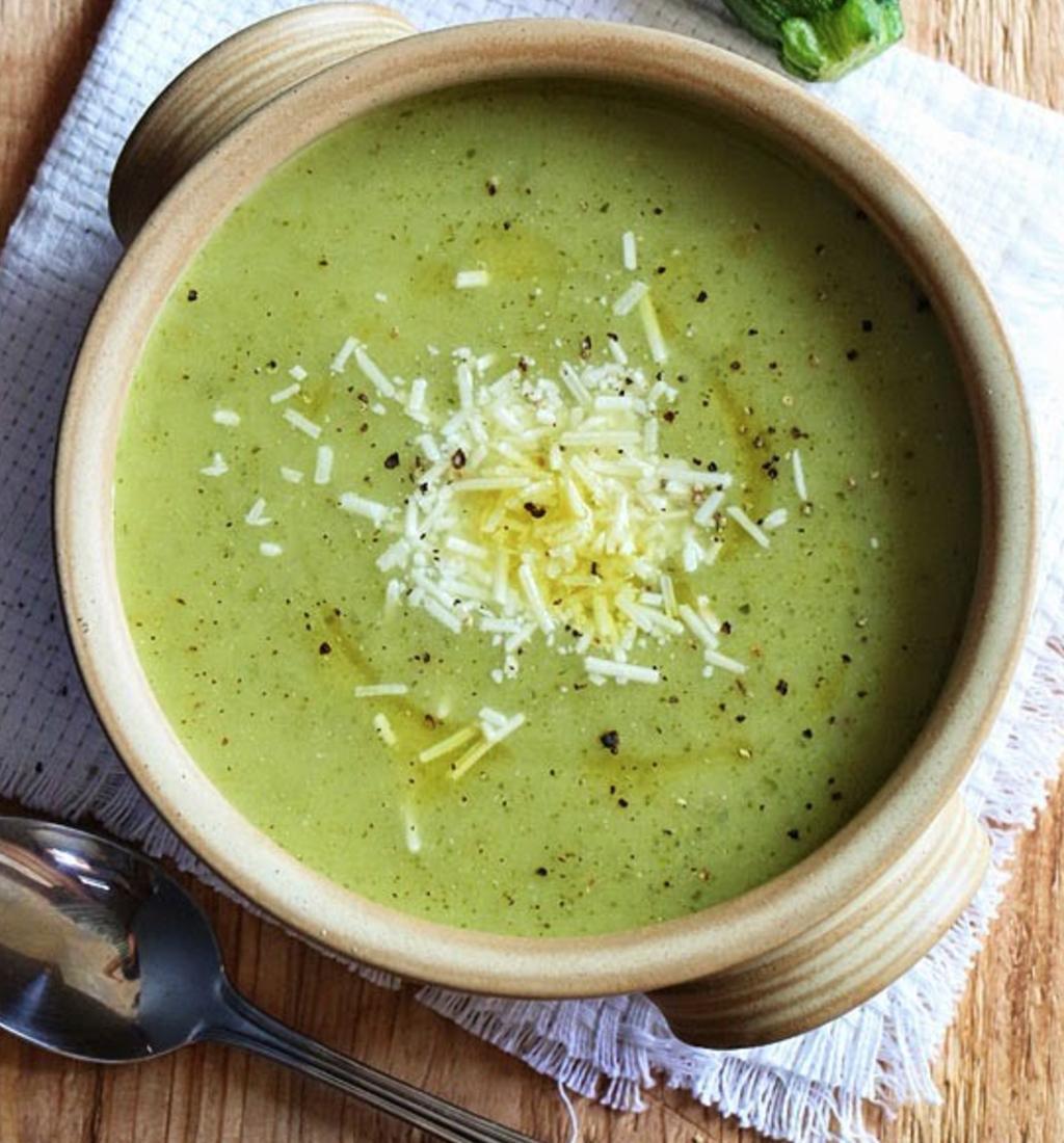 Cream of Zucchini Soup Serves 4 21 Day Fix Containers: 1 Green, 1/4 Yellow, 1/2 small onion, quartered 2 cloves garlic 3 medium zucchini, skin on cut in large chunks 32 oz reduced sodium Swanson