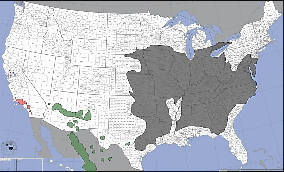 Natural distribution of some native Juglans species in the USA J. hindsii J.
