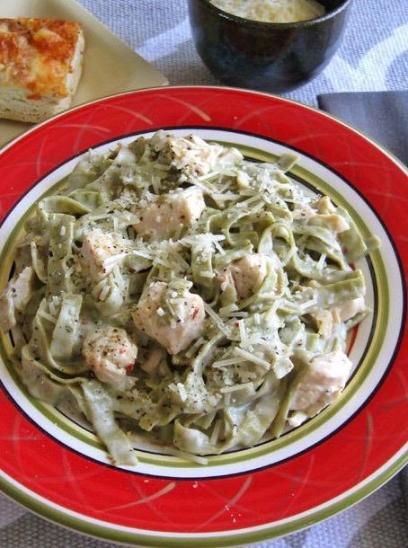 1/2 cup Half and Half (or whipping cream or non-dairy alternative) 1 1/2 cup freshly grated Parmesan cheese 1/2 cup butter (or non-dairy alternative) 1 cup diced cooked chicken (or vegan alternative)