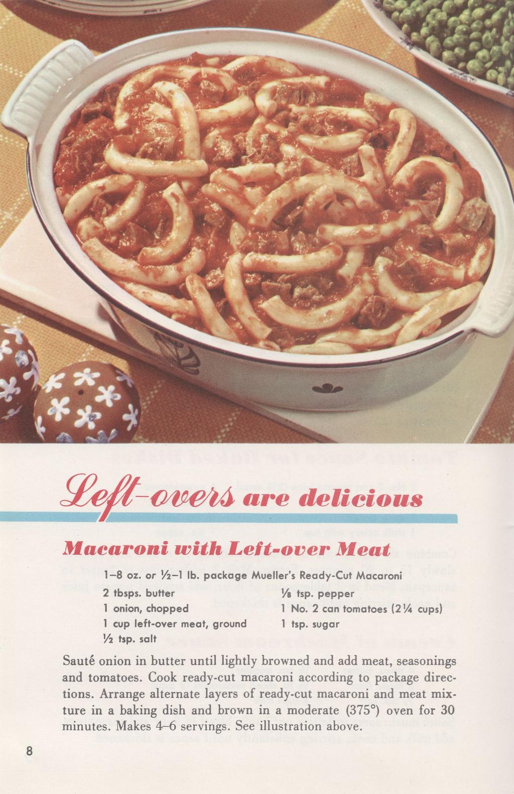 Macaroni with Left-over Meat 1-8 oz. or V2-I lb. package Mueller's Ready-Cut Macaroni 2 tbsps. butter VB tsp. pepper 1 onion, chopped 1 No.