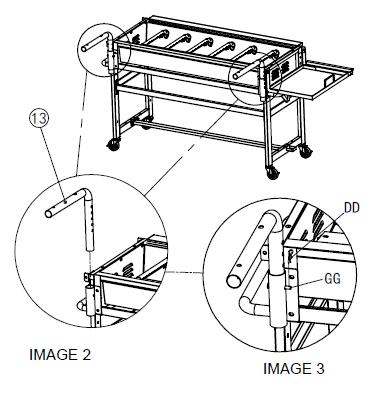 Assembly Instructions Step 9: Place back side support tube (13) into back side brackets as shown IMAGE 2, secure with PIN ROLL (GG)-2PCS and COTTER PIN (DD)-2PCS as shown IMAGE 3.