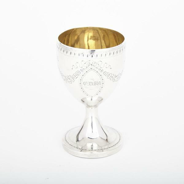 1 GEORGE III ENGRAVED SILVER GOBLET, LATE 18TH with gilt