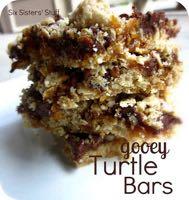 GOOEY TURTLE BARS RECIPE D E S S E R T Serves: 20 Prep Time: 10 Minutes Cook Time: 25 Minutes 2 1/4 cups flour 2 1/4 cups old fashioned oats 1/2 cup brown sugar 1/2 teaspoon salt 1/2 teaspoon baking