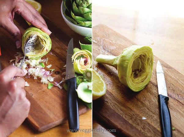 Then trim the outer, tough, green layer around the base of the artichoke and around the stem. When you got to the white part, stop trimming.