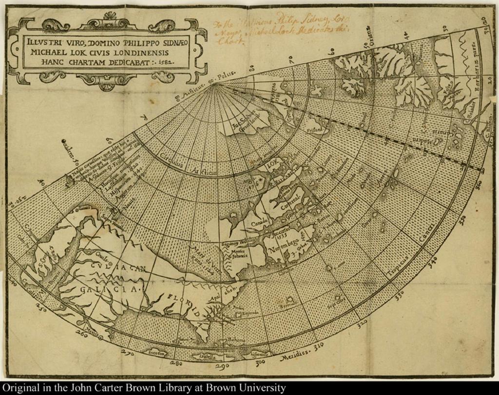 Another printed example of the Sea of Verrazano appears on Michael Lok's map of North America from 1582, published in Richard Hakluyt's rare publication, Divers Voyages Touching the Discoverie of