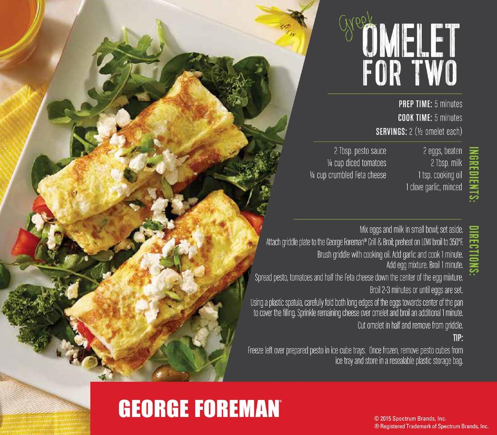Greek Omelet for Two Prep Time: 5 minutes Cook Time: 5 minutes Servings: 2 (1/2 omelet each) 2 Tbsp. pesto sauce ¼ cup diced tomatoes ¼ cup crumbled feta cheese 2 eggs, beaten 2 Tbsp. milk 1 tsp.