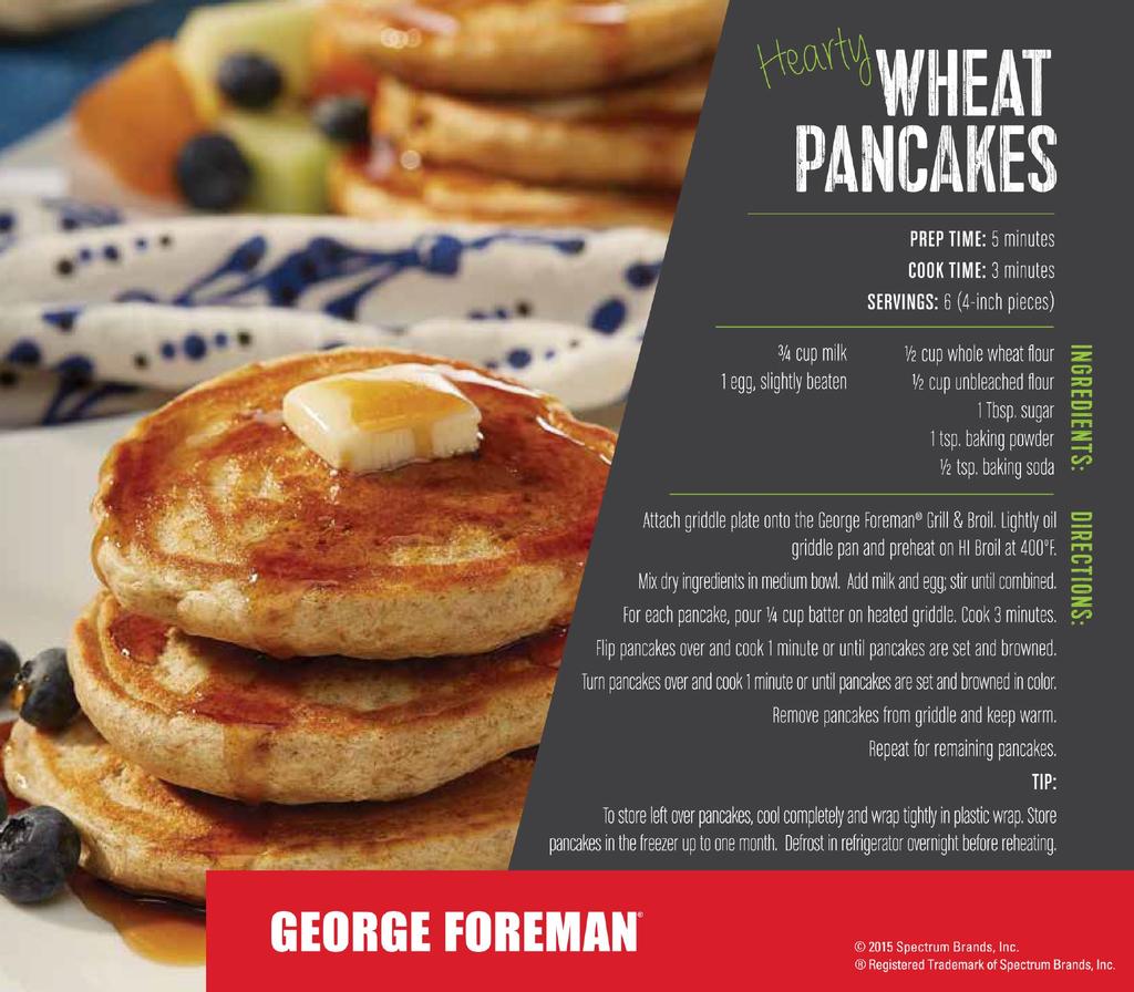 Wheat Pancakes Prep Time: 5 minutes Cook Time: 3 minutes Servings: 6 (4-inch pieces) 3/4 cup milk 1 lightly beaten egg ½ cup whole wheat flour ½ cup unbleached flour 1 Tbsp. sugar 1 tsp.