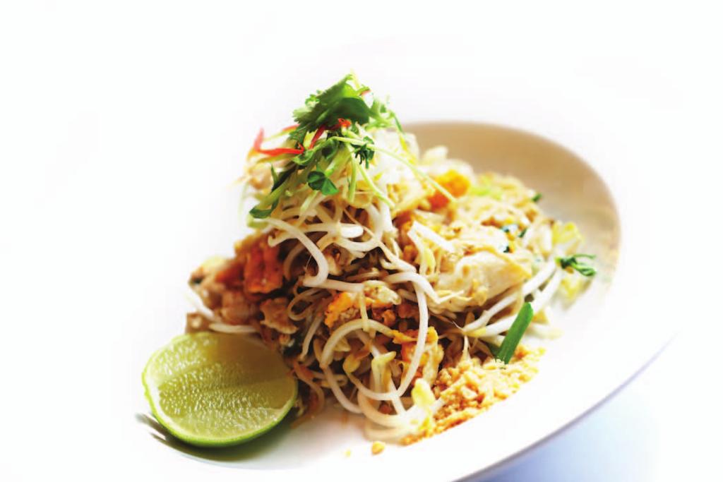 Noodles PAD THAI Traditional Thai style stir fried thin rice noodles with egg, bean sprouts and crushed