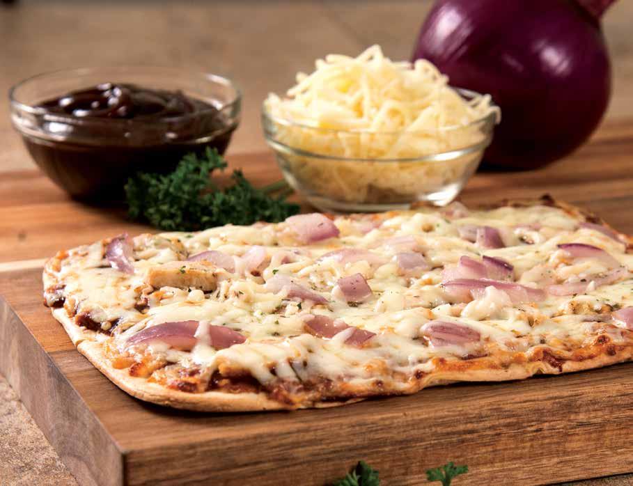 INDIVIDUALLY WRAPPED BBQ CHICKEN FLATBREAD PIZZA Pizza de pollo a la barbacoa Flatbread A sweet and
