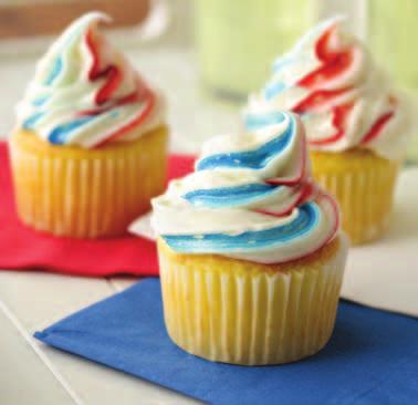 Red, White and Blue Cupcakes Stripe a pastry bag with red and blue food coloring.