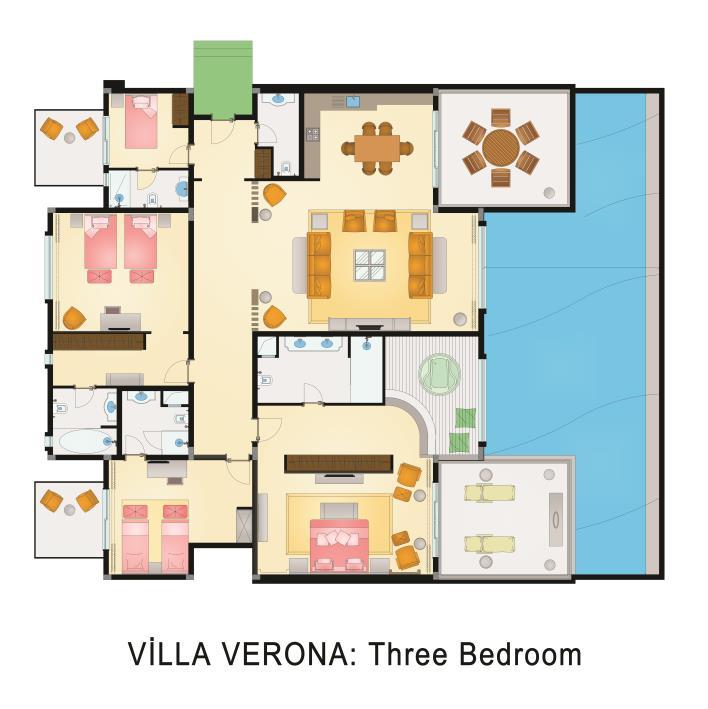 VILLA VERONA (3 BEDROOMS) FEATURES ROOM SET UP ROOM SERVICES 4 UNITS NEWSPAPER BUTLER SERVICE 265 M² FLOWERS (ARRIVAL DAY) C/IN C/OUT AT VILLA 3 BEDROOMS NESPRESSO MACHINE TURN DOWN SERVICE 3 WCs
