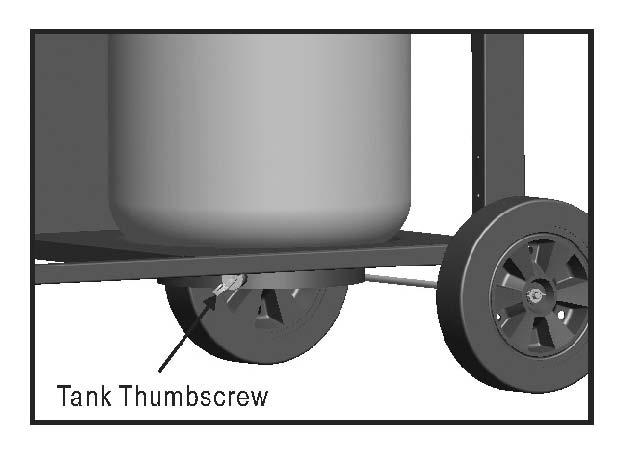 Place LP tank into hole in bottom shelf with tank collar opening facing to the front of cart as shown.