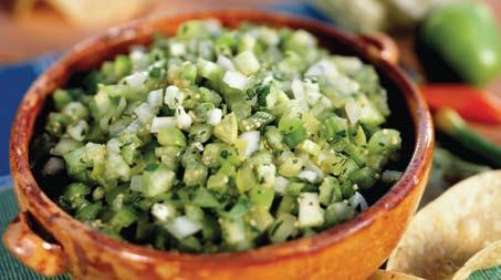 Pico de Gallo Use to season your family meals or serve with tortilla chips. Tomatillo Salsa Serve with eggs, quesadillas, or any of your favorite dishes. Makes 6 servings. ½ cup per serving.