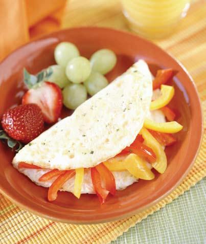 Red and Yellow Bell Pepper Omelets 1 teaspoon olive oil 1 large red bell pepper, seeded and thinly sliced 1 large yellow bell pepper, seeded and thinly sliced 4 egg whites ½ teaspoon dried basil ¼