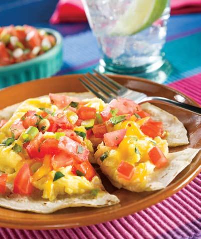 Huevos Rancheros with Pico de Gallo 4 (6-inch) corn tortillas ½ tablespoon vegetable oil nonstick cooking spray 1½ cups egg substitute 2 tablespoons shredded Cheddar or Monterey Jack cheese 2 cups