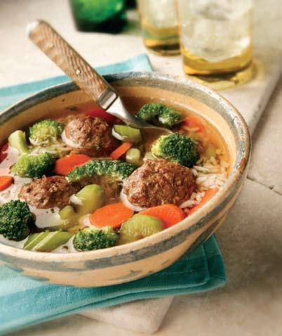 Meatball Soup 6 cups water 1 3 cup brown rice 3 low-sodium beef- or chickenflavored bouillon cubes or 1 tablespoon low-sodium bouillon powder 4 sprigs fresh oregano, finely chopped or 1 tablespoon