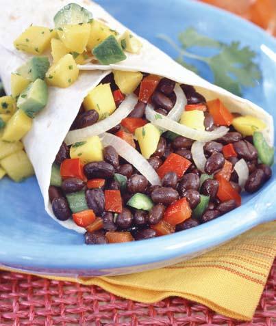 Veggie Bean Wrap 2 green or red bell peppers, seeded and chopped 1 onion, peeled and sliced 1 (15-ounce) can low-sodium black beans, drained and rinsed 2 mangos, chopped juice of 1 lime ½ cup chopped