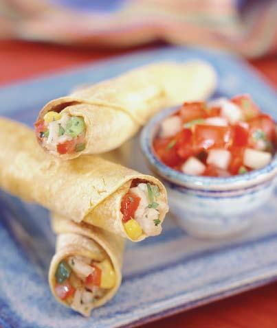 Crispy Taquitos 2 cups Pico de Gallo, divided (see page 9) ½ cup cooked, finely chopped chicken ½ cup no salt added canned corn or frozen corn, thawed ¼ cup chopped green onion ¼ cup chopped green