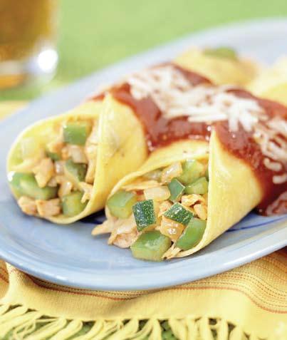 Vegetable Chicken Enchiladas nonstick cooking spray 1 large onion, peeled and chopped 1 green bell pepper, seeded and chopped 1 large zucchini, chopped 1 cup cooked, chopped chicken breast ¾ cup red