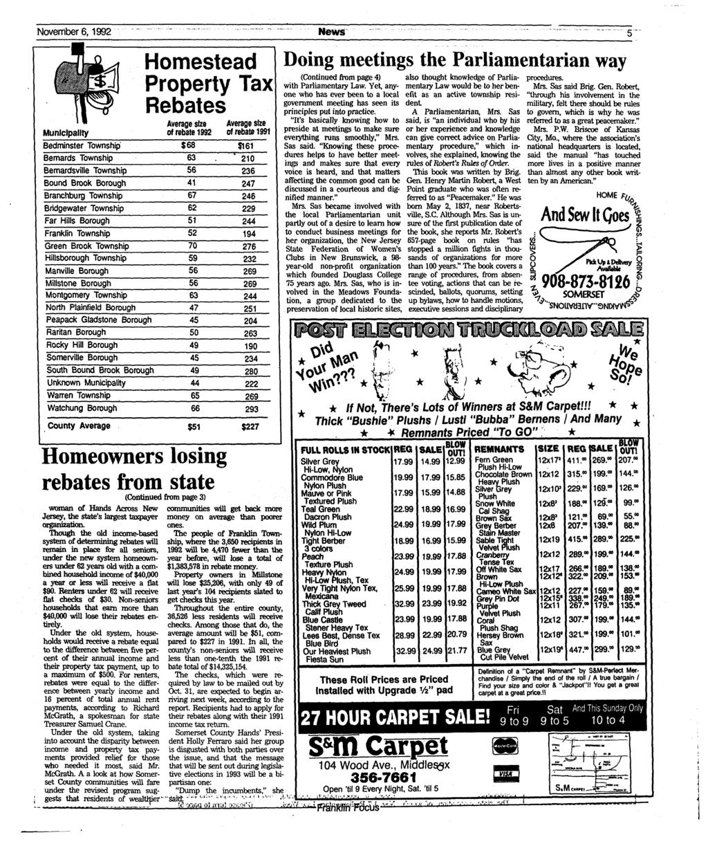 November 6,1992 Municipality Bedminster Township Bernards Township Bemardsville Township Bound Brook Borough Branchburg Township Bridgewater Township Far Hills Borough Franklin Township Green Brook