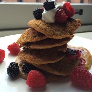 berry protein pancakes Yield: 2 servings You will need: measuring cups and spoons, whisk, mixing bowl, skillet, spatula 1/4 cup almond milk 1 T chia seeds 1/2 cup almond meal flour 3 T vanilla