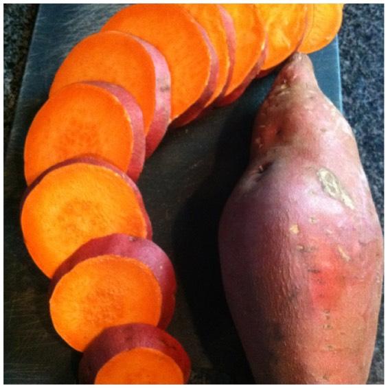 sweet potato discs Yield: 3 servings You will need: knife, cutting board, baking sheet, parchment paper 2 sweet potatoes 1.