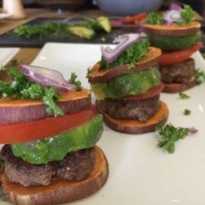 Entrees sweet potato sliders Yield: 2 servings You will need: mixing bowl, measuring cups and spoons, knife, cutting board, skillet, spatula 1/2 lb ground beef 2 tsp balsamic vinegar 2 T almond meal