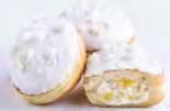 meringue pie style donut, filled with a tangy, creamy natural lemon curd, topped with white