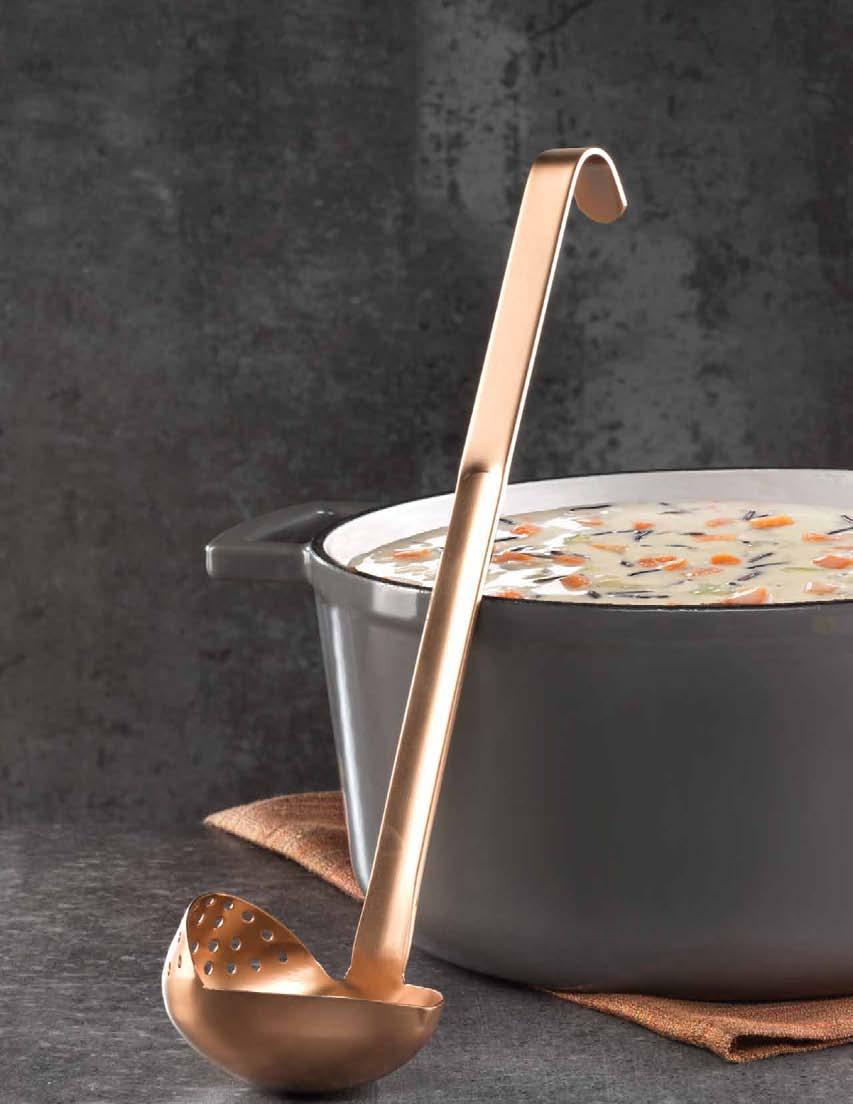 COPPer kitchen essentials that make a statement! 846 SCOOP, STRAIN AND POUR SOUPS, STOCK, VEGETABLES & MORE! Larger family size serves eight.