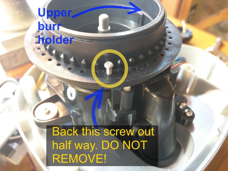 Step 12 Remove upper burr holder Back the adjustment limiter "stop-screw" out HALF
