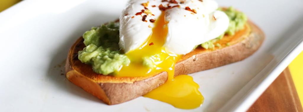 Avocado Sweet Potato Toast with Poached Egg 4 ingredients 15 minutes 1 serving 1. Trim the pointy ends off the sweet potato then lay it on its side on a cutting board.