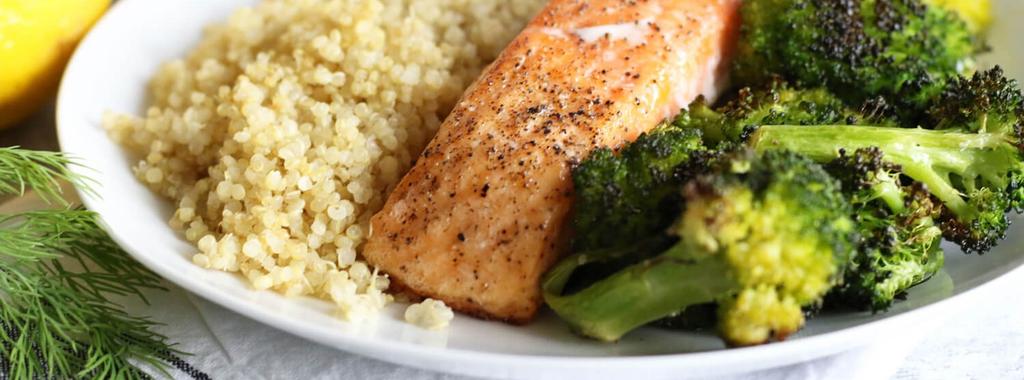 Baked Salmon with Broccoli & Quinoa 7 ingredients 20 minutes 4 servings 1. Preheat the oven to 450 degrees F and line a baking sheet with parchment paper. 2. Place the salmon fillets on the baking sheet and season with sea salt and black pepper.