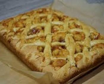 Flora Cake 1 1/2 cup flour 2 tsp baking powder 3/4 cup sugar 1/2 cup oil 1/2 cup silk milk 1 cup apricot jam Transfer into a prepared 8-inch pan, reserving a piece of the dough to create square areas