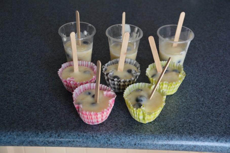 Spoon mixture evenly into plastic cups or patty cases (place inside muffin tin first). If using plastic cups only fill a third of the cup. 4. Put a popsicle stick in the middle of the mixture. 5.