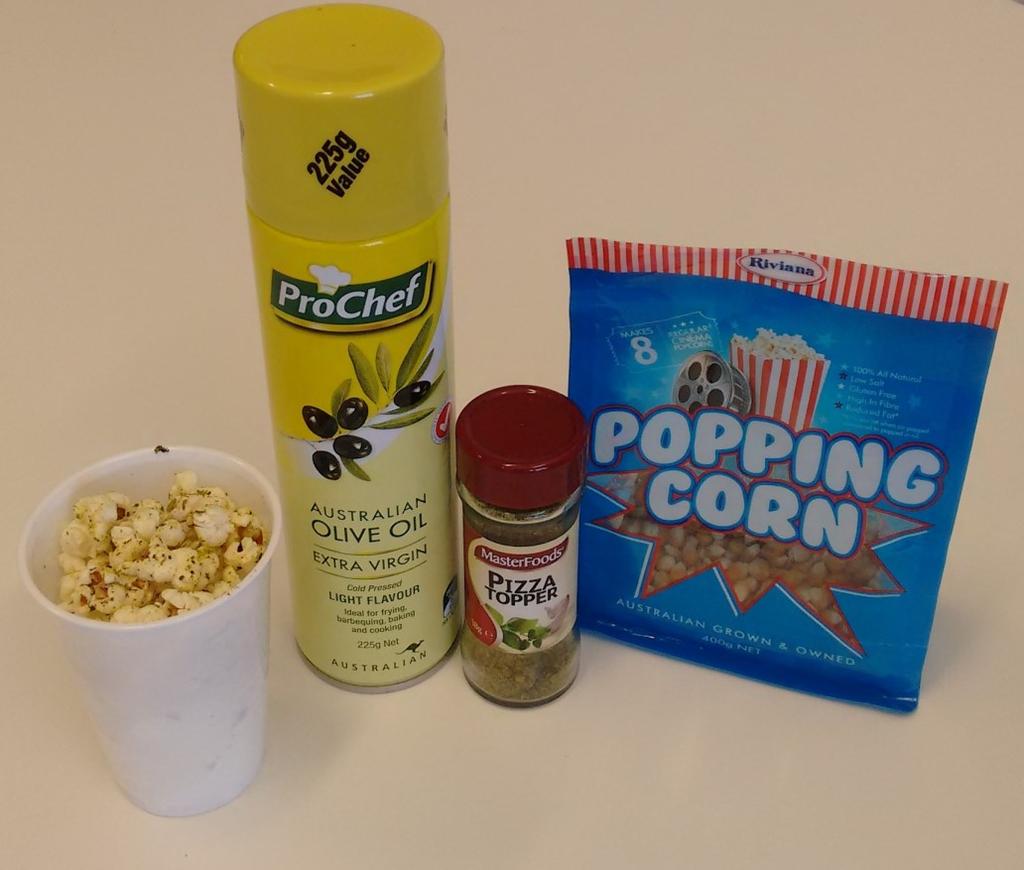 Popcorn Serves: 6 Green Ingredients 1. 1/4 cup popcorn kernels 2. Spray oil (olive or canola) 3. Pizza topping herbs Equipment list 1. Microwave container with lid or paper bag 2. Spoon 3.