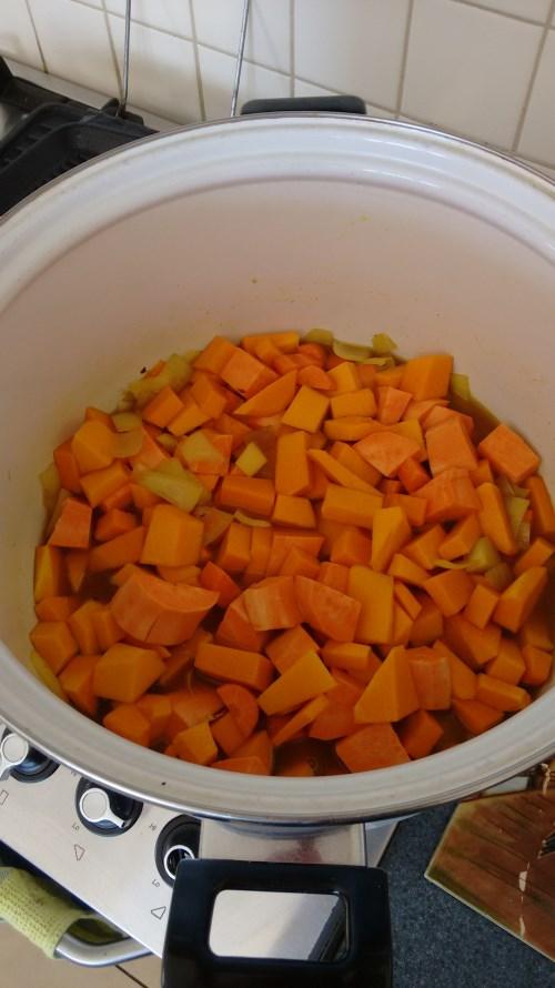 Pumpkin Soup Serves: 20 Green Ingredients 1. 1 Tbs canola oil 2. 2 butternut pumpkins, skin removed 3. 2 large onions 4. 1 sweet potato, peeled 5. 2 potatoes, peeled 6. 1 carrot 7. 1.5 L low salt vegetable stock 8.