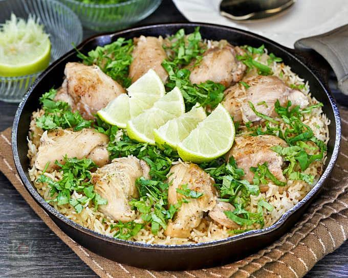 10 One Pot Cilantro Lime Chicken 4 boneless skinless chicken breasts pounded to ½ inch thickness 2 tablespoons butter 1 cup uncooked brown rice 2 teaspoons minced garlic 2¼ cups chicken broth ⅓ cup