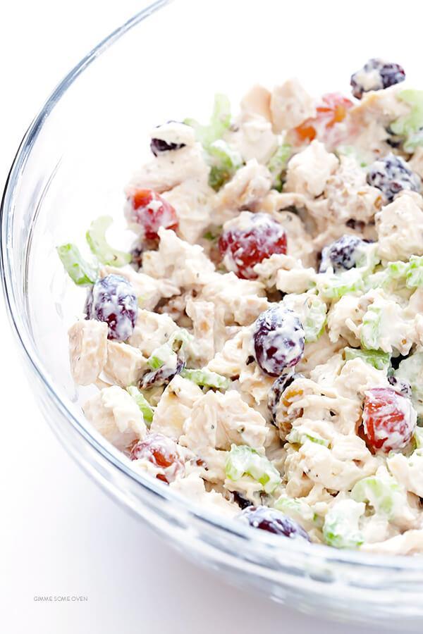 22 Greek Yogurt Chicken Salad 2 cups leftover or pre-cooked chicken 1/2 cup diced red onion 1/2 cup diced apple 1/2 cup grapes, halved 1/4 cup dried cranberries 1/4 cup slivered almonds 1/2 cup plain