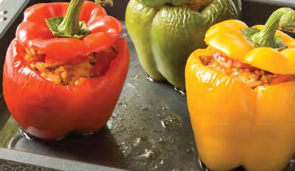 Spicy Pepper Cups Number of servings: 4 Serving size: 1 cup 2 medium green, red, or yellow bell peppers, halved, seeded, and white membranes removed ¼ cup minced onion ½ clove garlic, minced 1
